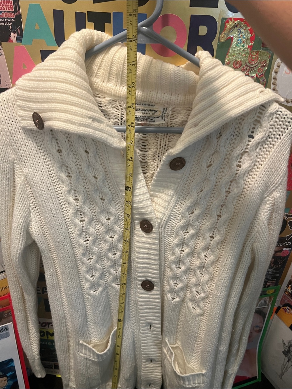 #3221*”18x 33” Cream Cable-Knit Button-Up Women's Sweater Cardigan - Picture 7 of 17